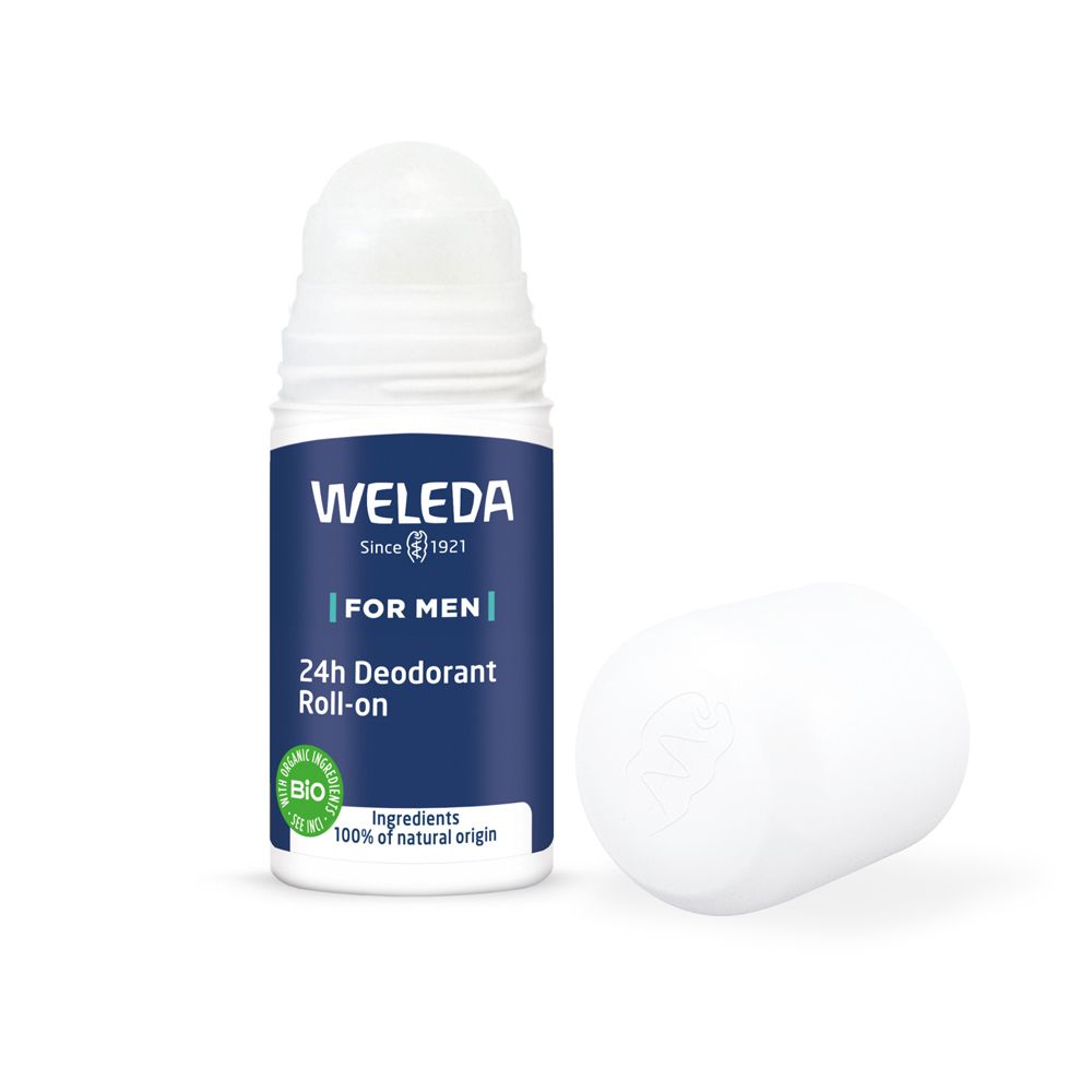 Weleda Men 24h Deo Roll-on. Flacone bianco con tappo rimosso. Etichetta blu. Testo: 24h Desodorante Roll-On, logo Bio.