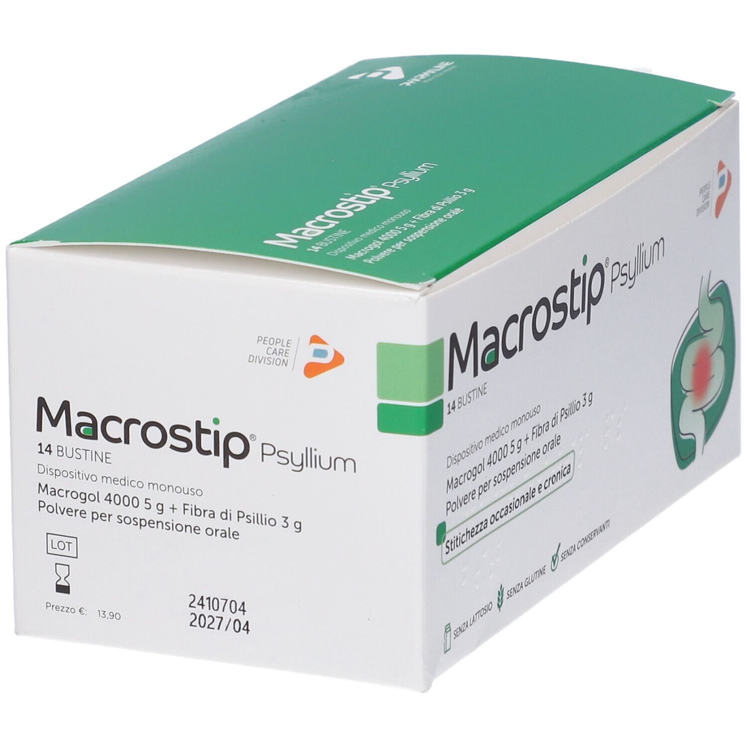 Scatola di Macrostip Psyllium. Scritto: 14 Bustine. Confezione verde e bianca con informazioni sul prodotto e logo.