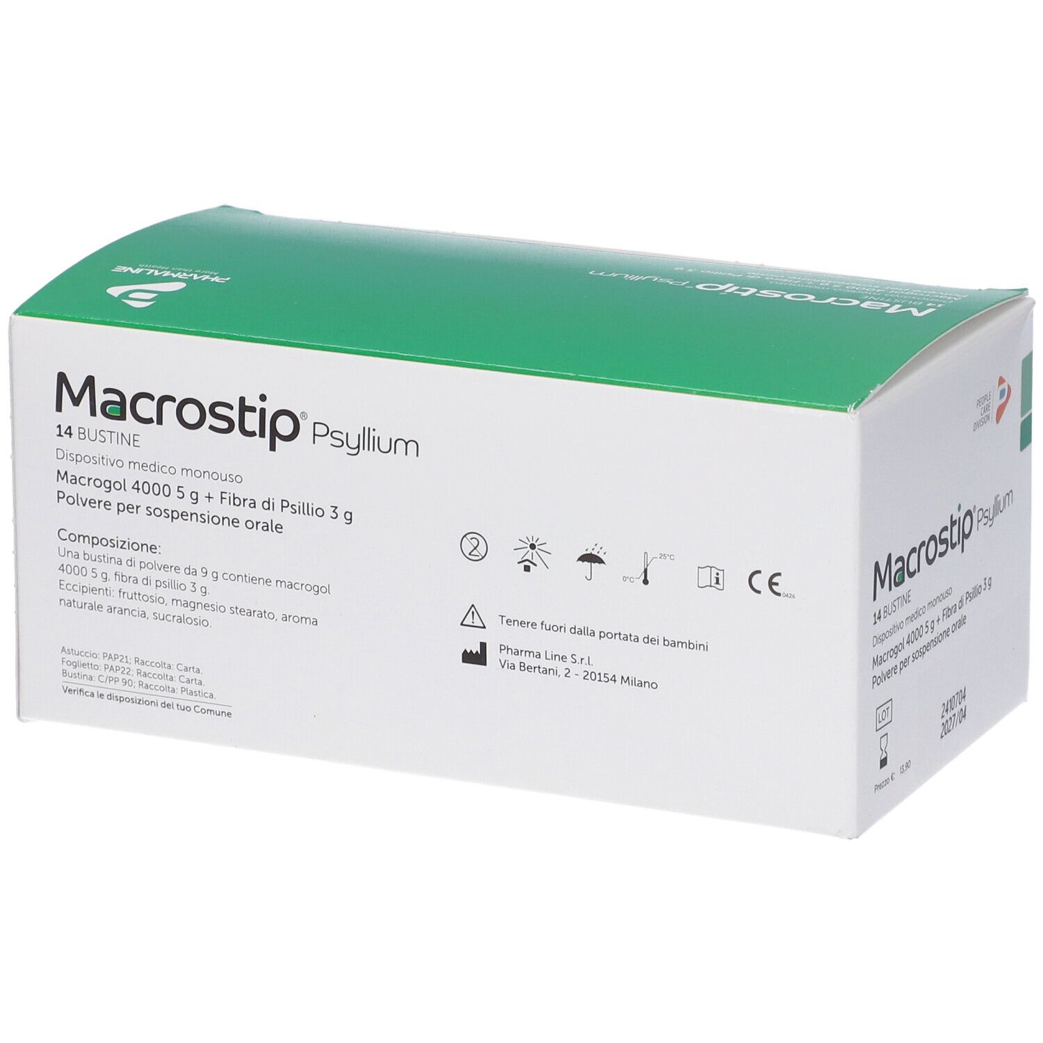 Scatola di Macrostip Psyllium. Scritto: 14 Bustine. Confezione verde e bianca con informazioni sul prodotto e logo.