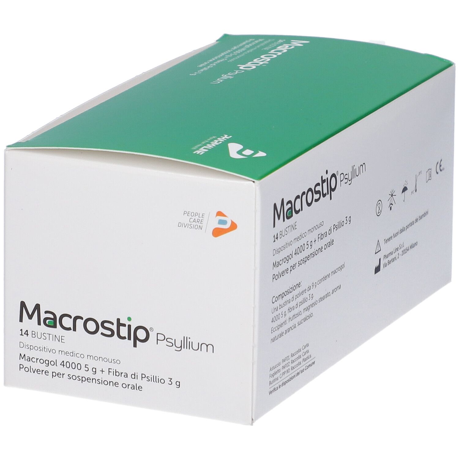 Scatola di Macrostip Psyllium. Scritto: 14 Bustine. Confezione verde e bianca con informazioni sul prodotto e logo.