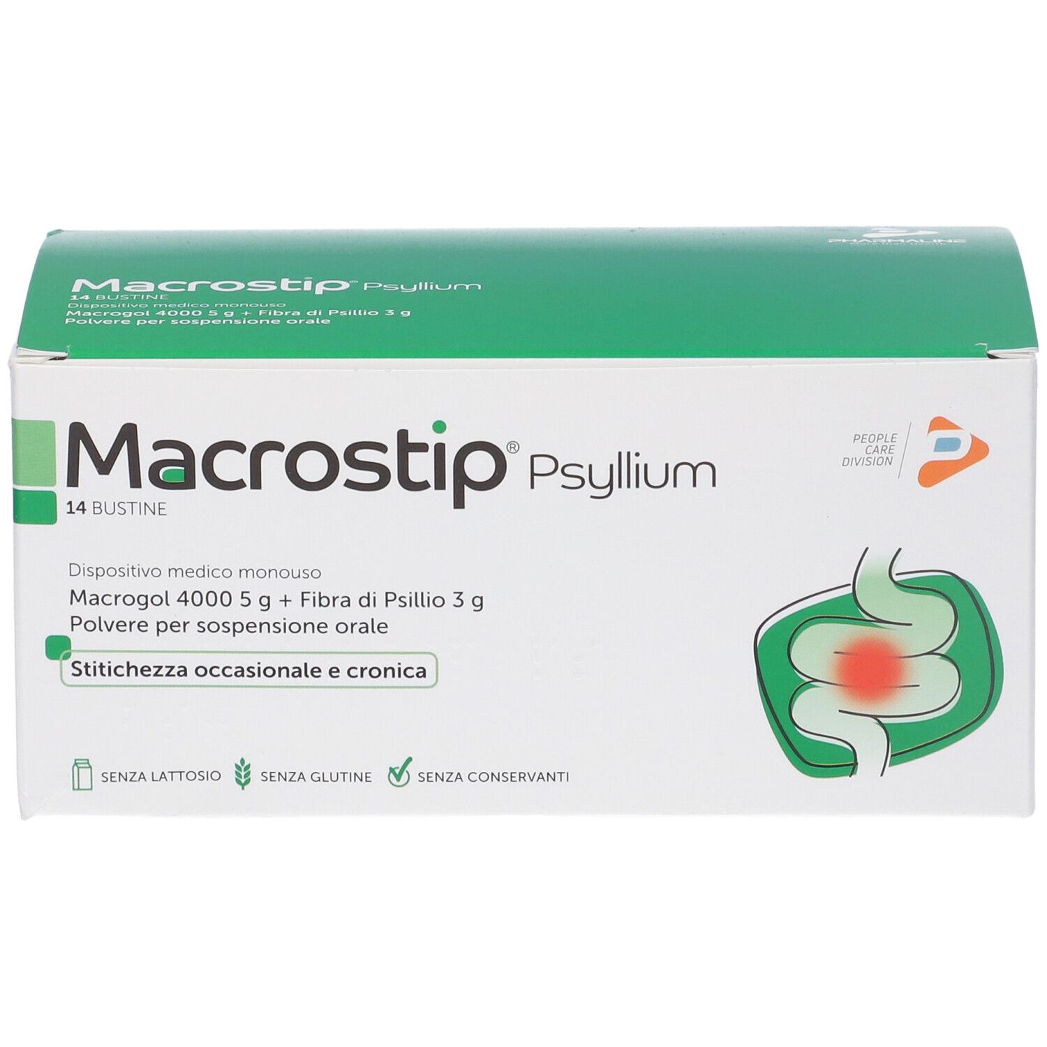 Scatola di Macrostip Psyllium. Scritto: 14 Bustine. Confezione verde e bianca con informazioni sul prodotto e logo.