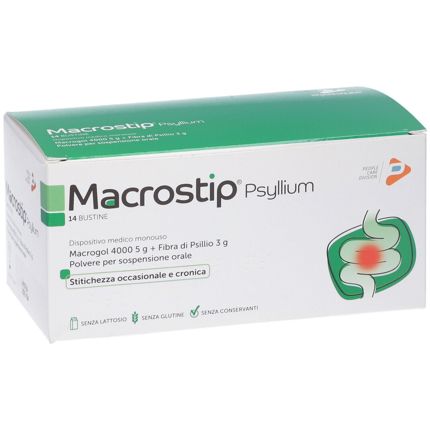 Scatola di Macrostip Psyllium. Scritto: 14 Bustine. Confezione verde e bianca con informazioni sul prodotto e logo.