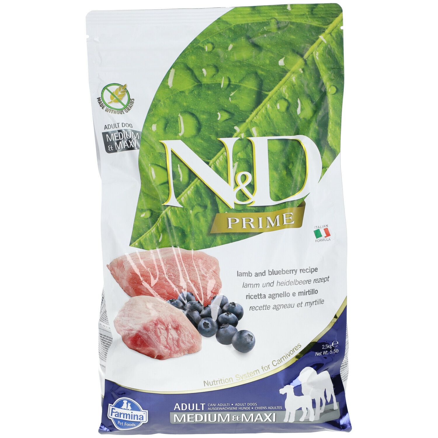 Sacchetto di cibo secco. Logo N&D Prime. Immagine di carne, mirtilli e foglie. Testo: Adult Medium & Maxi.