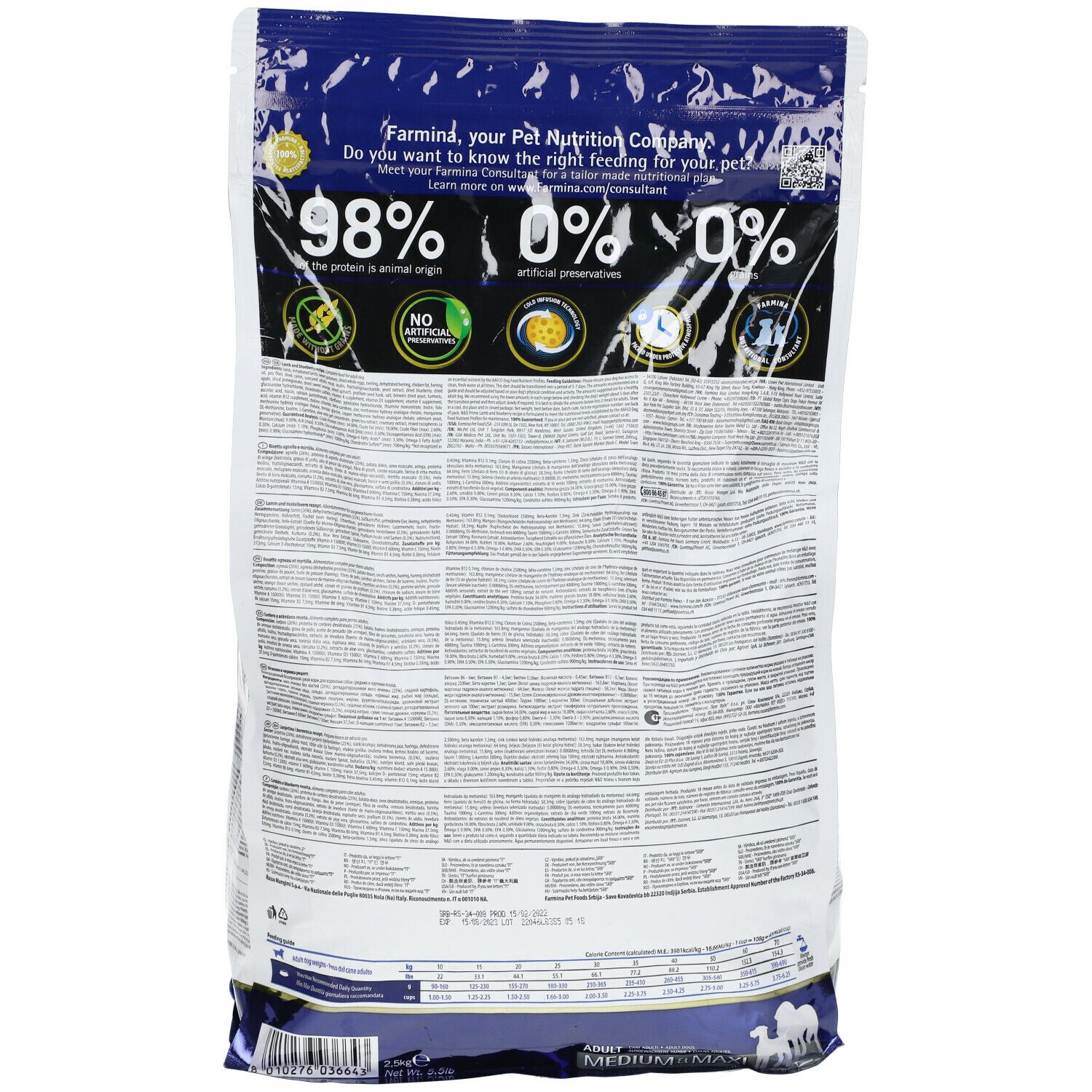 Retro del sacchetto di cibo secco. Testo e loghi. Percentuali: 98%, 0%, 0%. Testo: Adult Medium & Maxi.