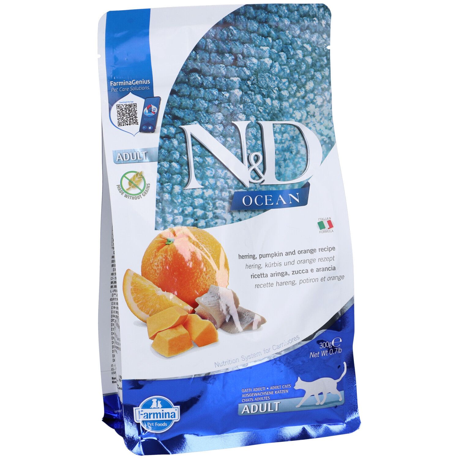 Confezione di cibo secco per gatti. Arancia, zucca e pesce raffigurati. Testo: N&D Ocean, Adult, Farmina.
