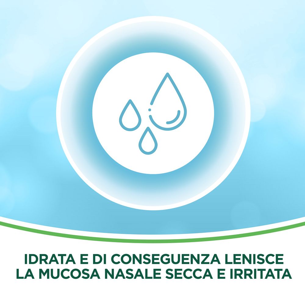 Illustrazione circolare con gocce d'acqua. Testo: Idratata e di conseguenza lenisce la mucosa nasale secca e irritata.