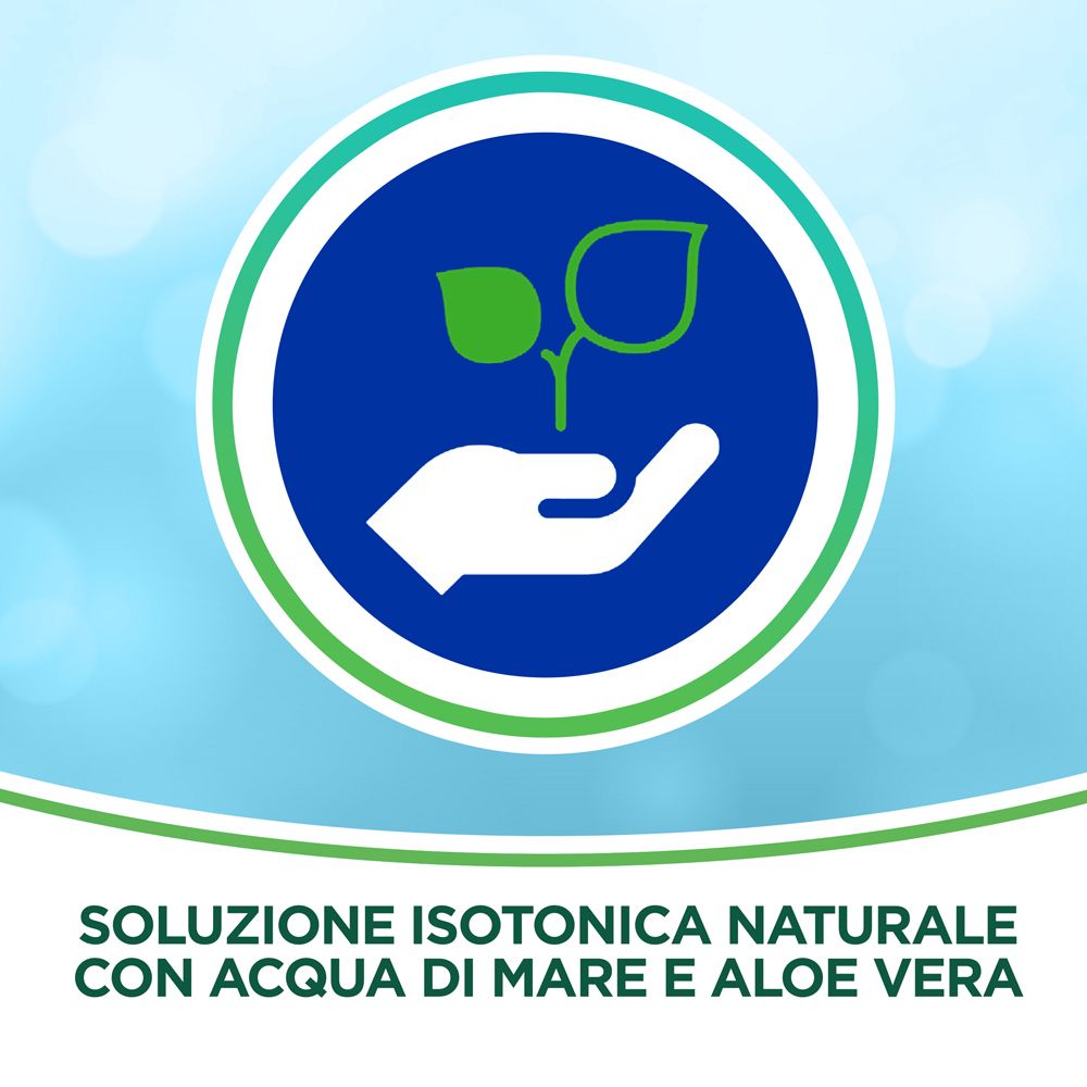 Illustrazione circolare con mano e piante. Testo: Soluzione isotonica naturale con acqua di mare e aloe vera.