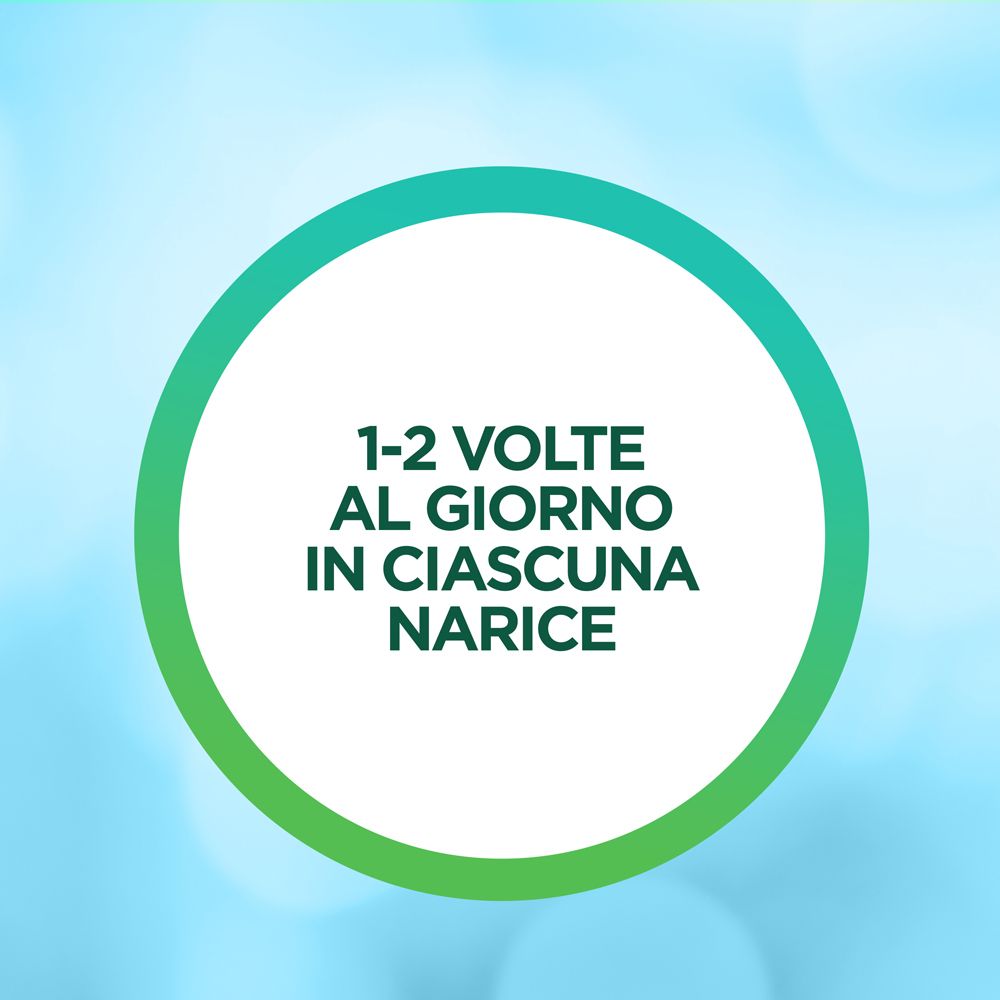 Illustrazione circolare. Testo: 1-2 volte al giorno in ciascuna narice.