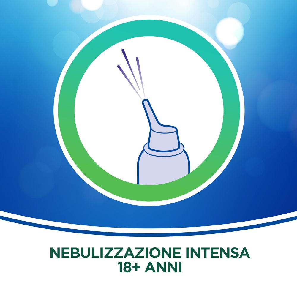 Simbolo spray nasale. Sfondo blu. Testo: Nebulizzazione intensa 18+ anni.