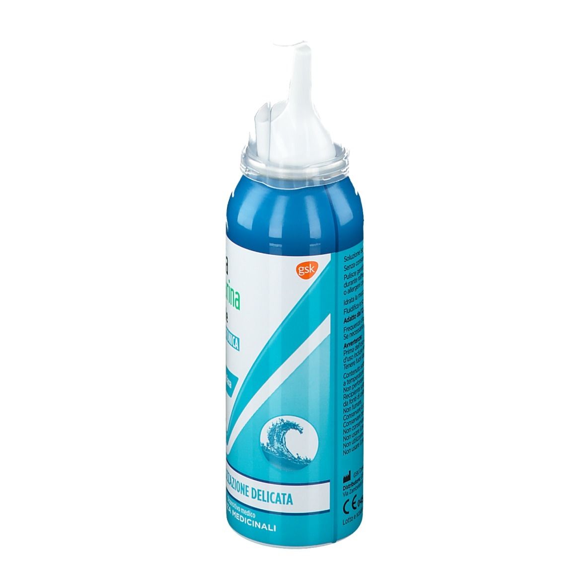 Flacone spray blu con erogatore bianco. Scritta: Rinazina Aquamarina. Simbolo onda. Logo Gsk.