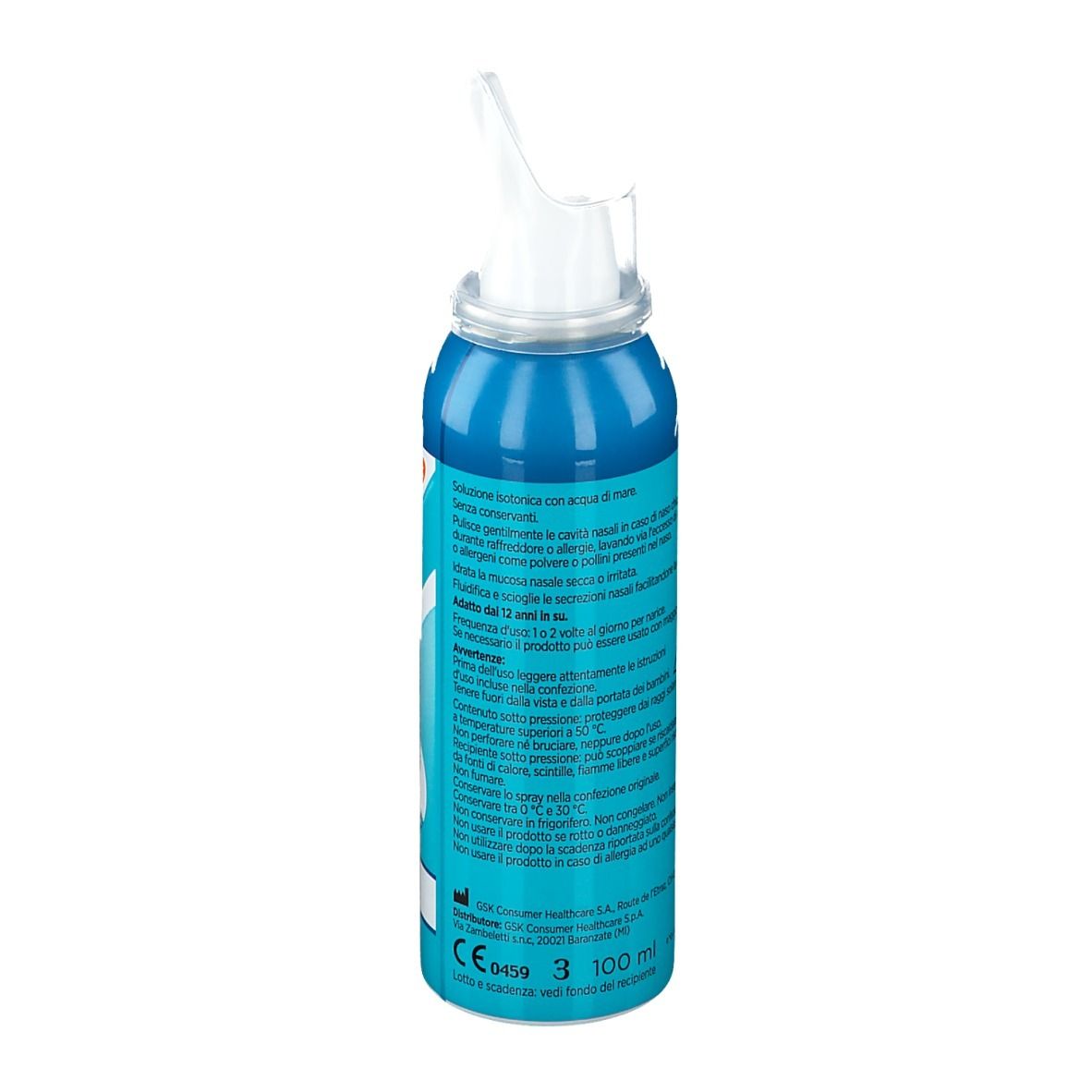 Flacone spray blu. Retro con testo. Scritta: Rinazina Aquamarina. Marchio CE. 100 ml.