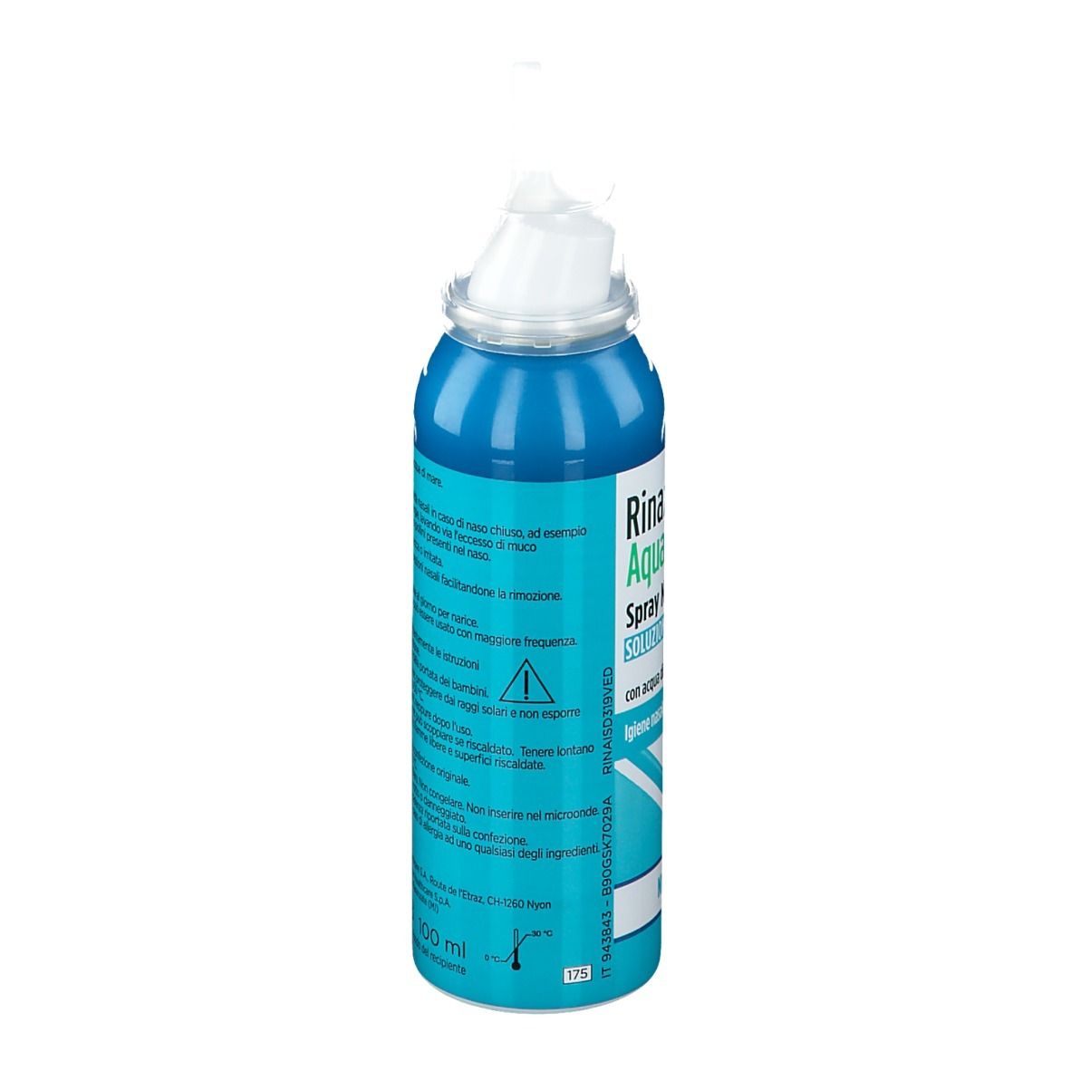 Flacone spray blu. Retro con testo. Scritta: Rinazina Aquamarina. Indicatore temperatura. 100 ml.