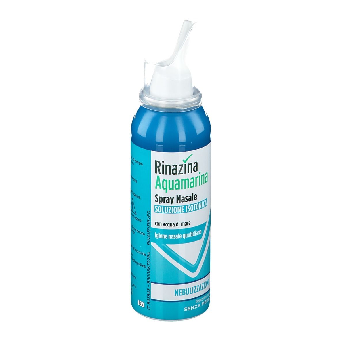Flacone spray blu. Scritta: Rinazina Aquamarina Spray Nasale. Soluzione isotonica. Con acqua di mare.