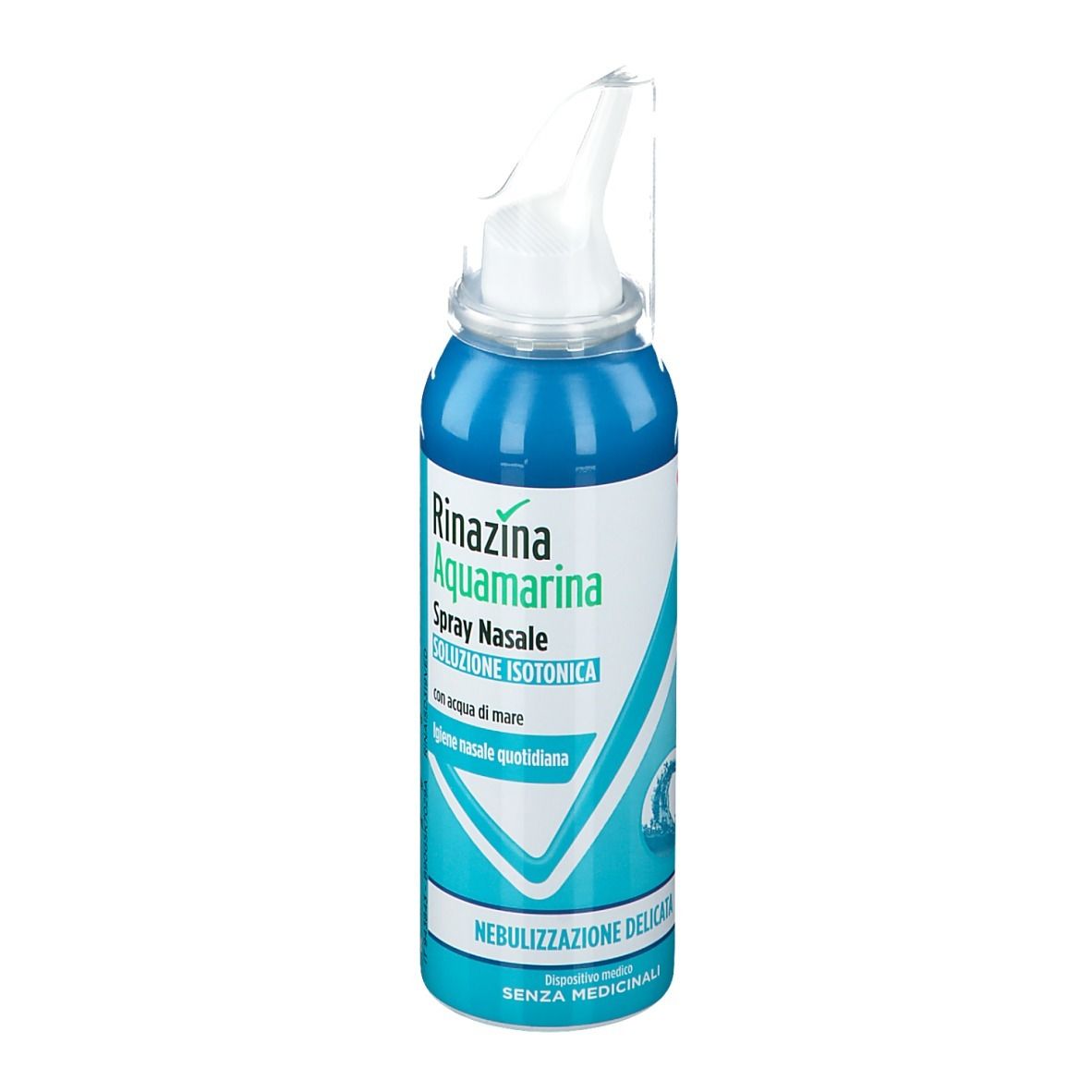 Flacone spray blu. Scritta: Rinazina Aquamarina Spray Nasale. Soluzione isotonica. Con acqua di mare.