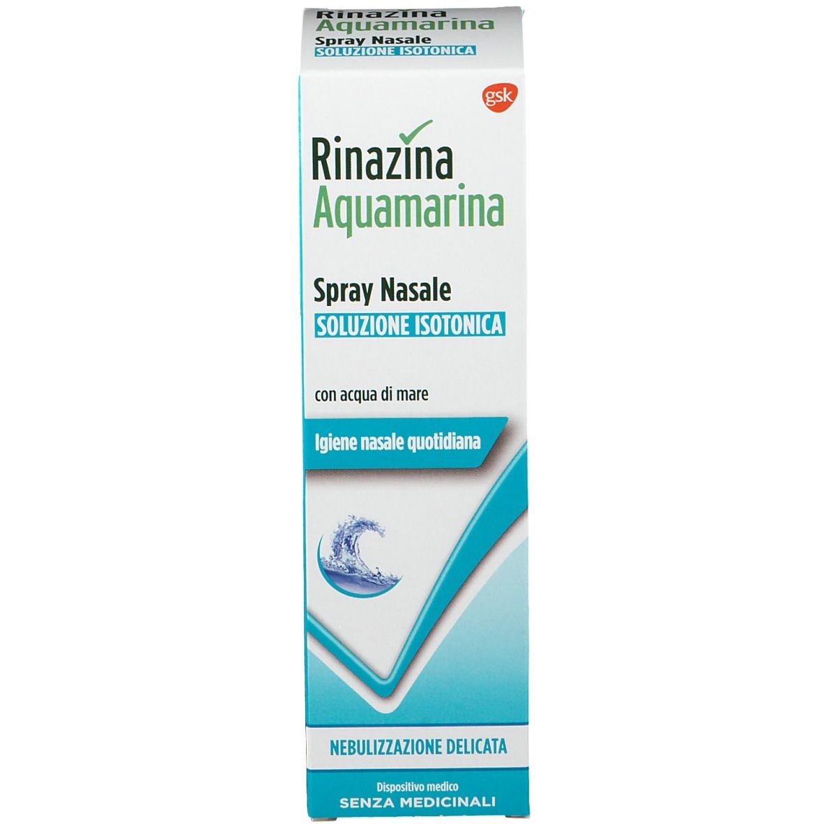 Confezione del prodotto. Scritta: Rinazina Aquamarina Spray Nasale. Logo Gsk. Simbolo onda.