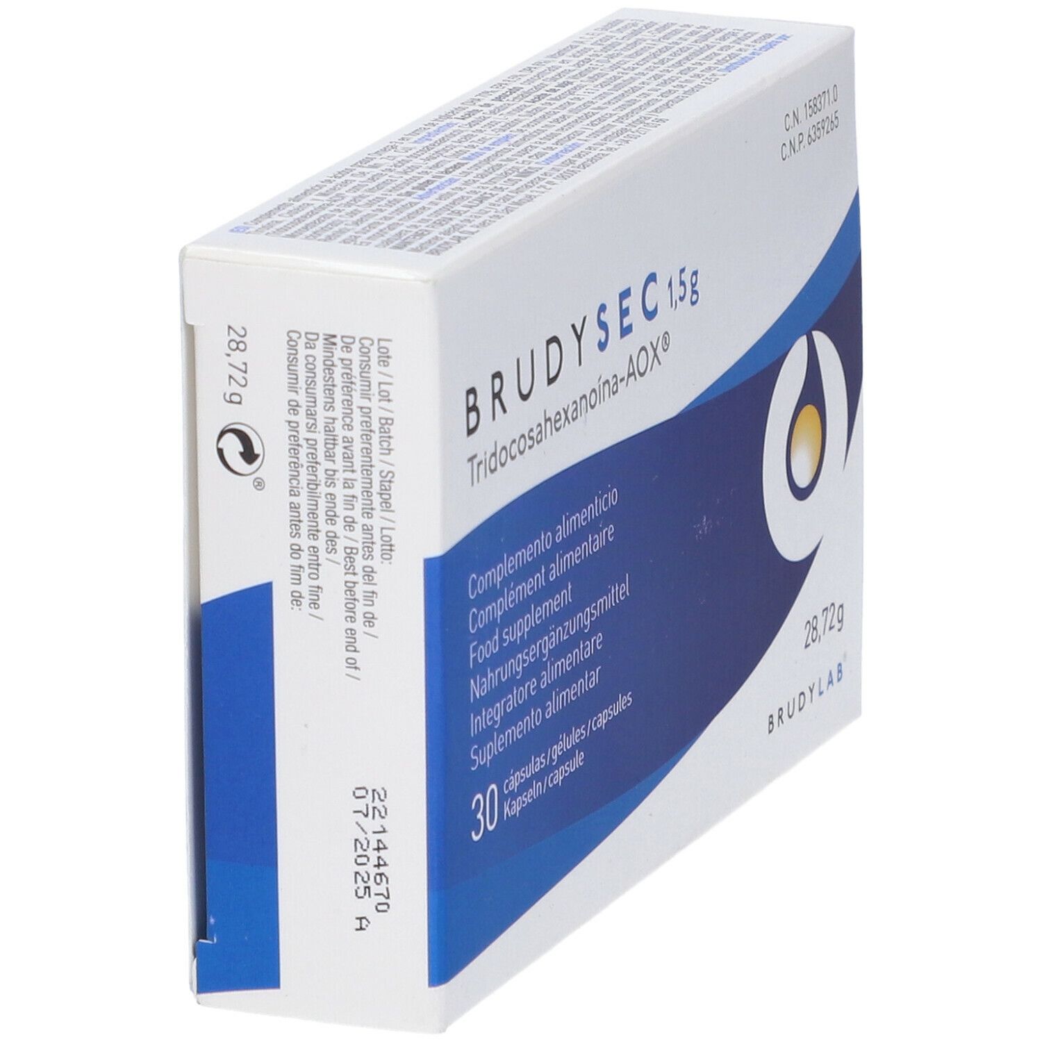 Scatola di Brudysec 1,5g, angolata. Contiene 30 capsule. Confezione bianca con nome e logo.