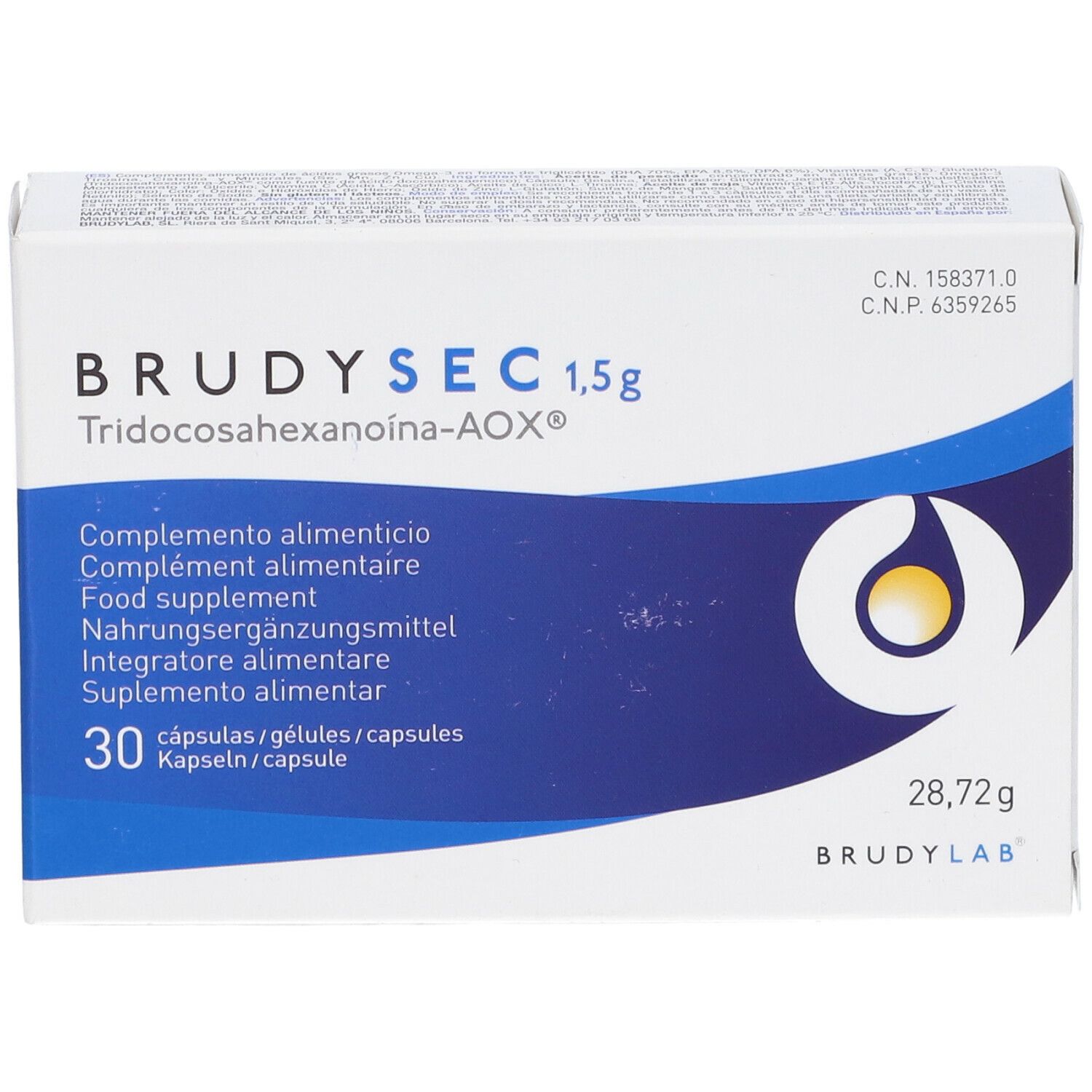 Scatola di Brudysec 1,5g. Contiene 30 capsule. Confezione bianca e blu con nome e logo del prodotto.