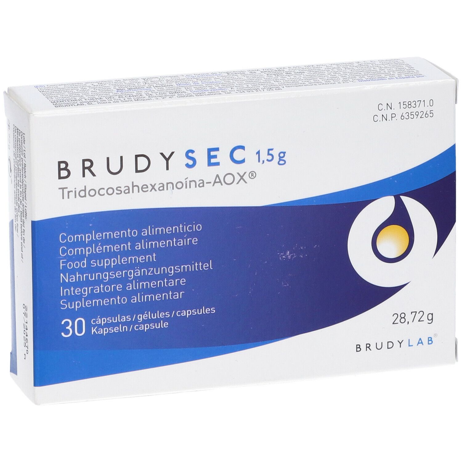 Scatola di Brudysec 1,5g. Contiene 30 capsule. Confezione bianca e blu con nome e logo del prodotto.