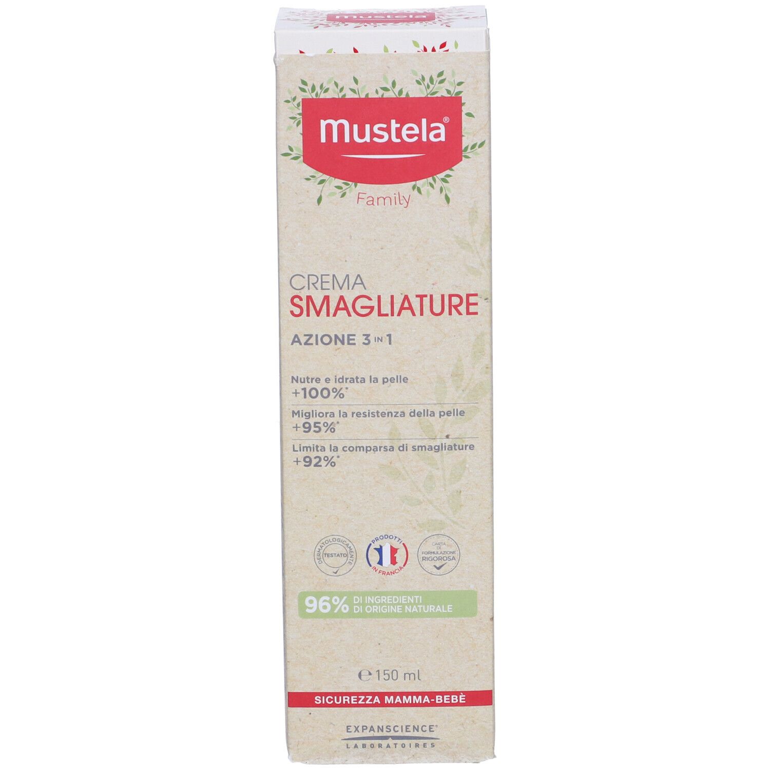 Confezione Mustela Crema Smagliature. Scatola con informazioni sul prodotto e logo.