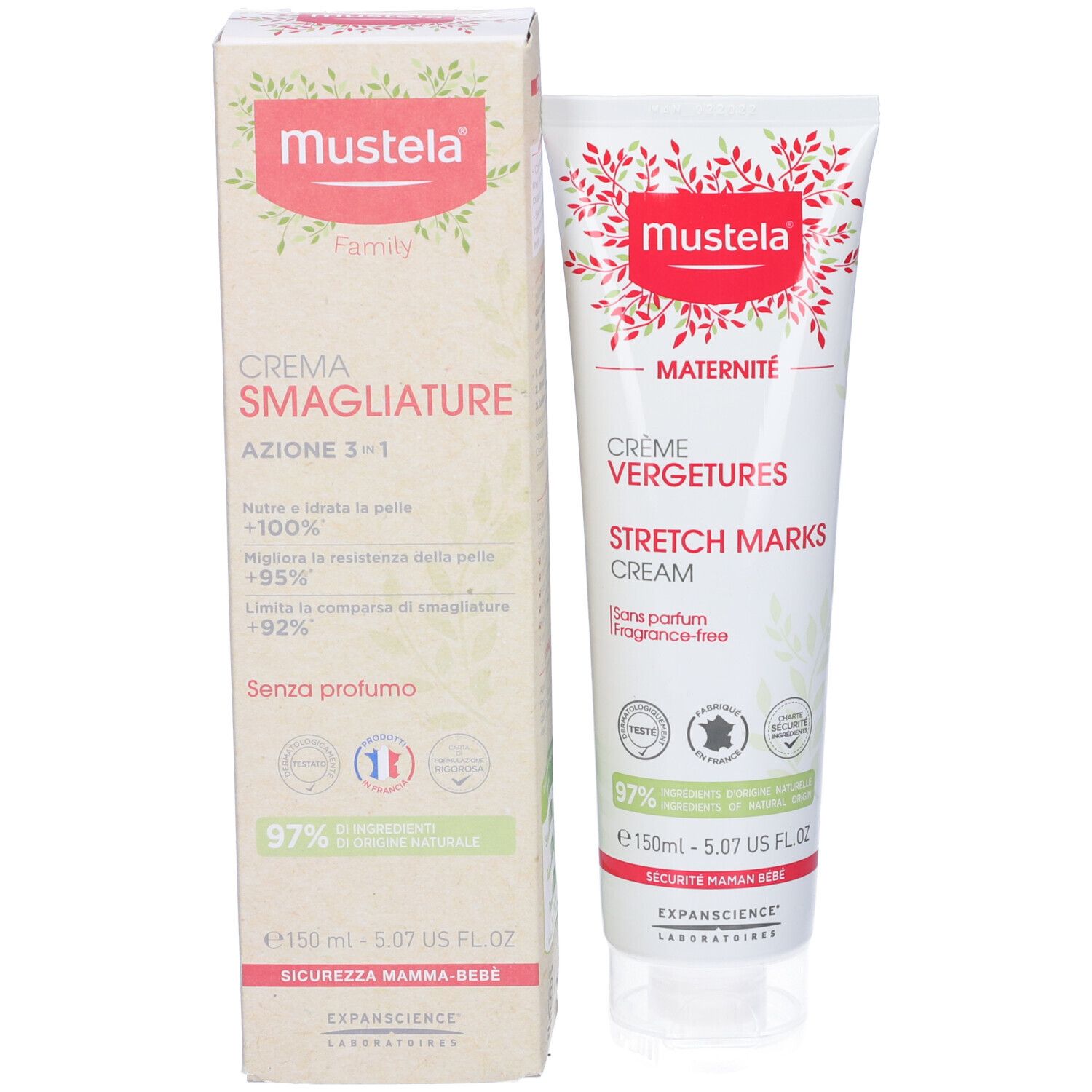 Tubo crema e confezione. Testo: Crème Vergetures, senza profumo. 97% ingredienti naturali. 150 ml.