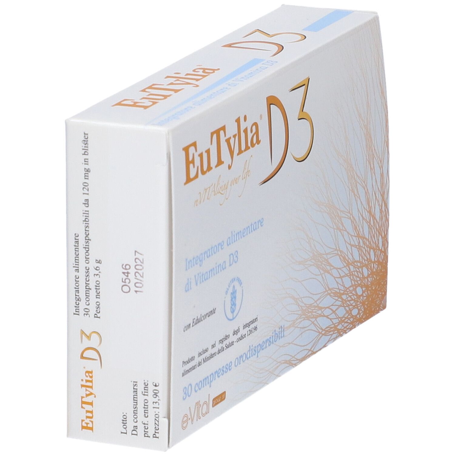 Scatola EuTylia D3. Scritto: Integratore alimentare di Vitamina D3. 30 compresse. Logo eVital. Data di scadenza.