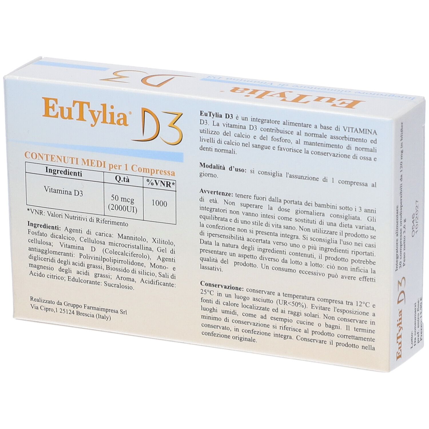 Retro della scatola EuTylia D3. Contiene informazioni sugli ingredienti e l'uso. Testo in italiano.
