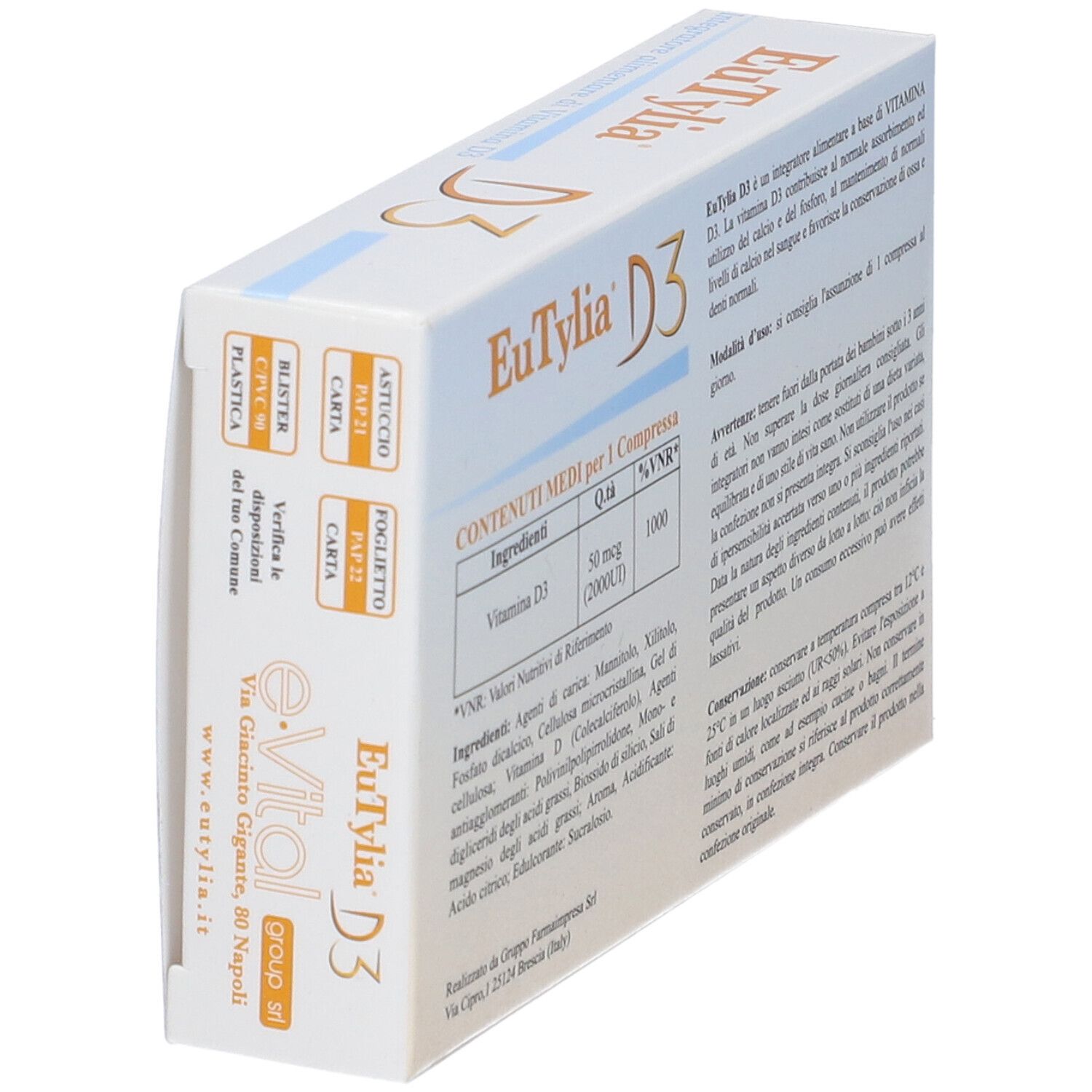 Lato della scatola EuTylia D3. Contiene informazioni sugli ingredienti e l'uso. Testo in italiano.