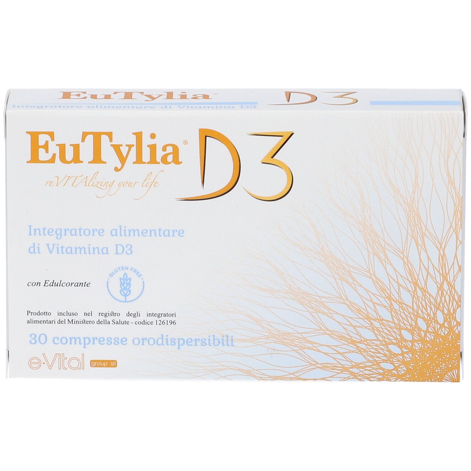 Fronte della scatola EuTylia D3. Scritto: Integratore alimentare di Vitamina D3. 30 compresse. Logo eVital.