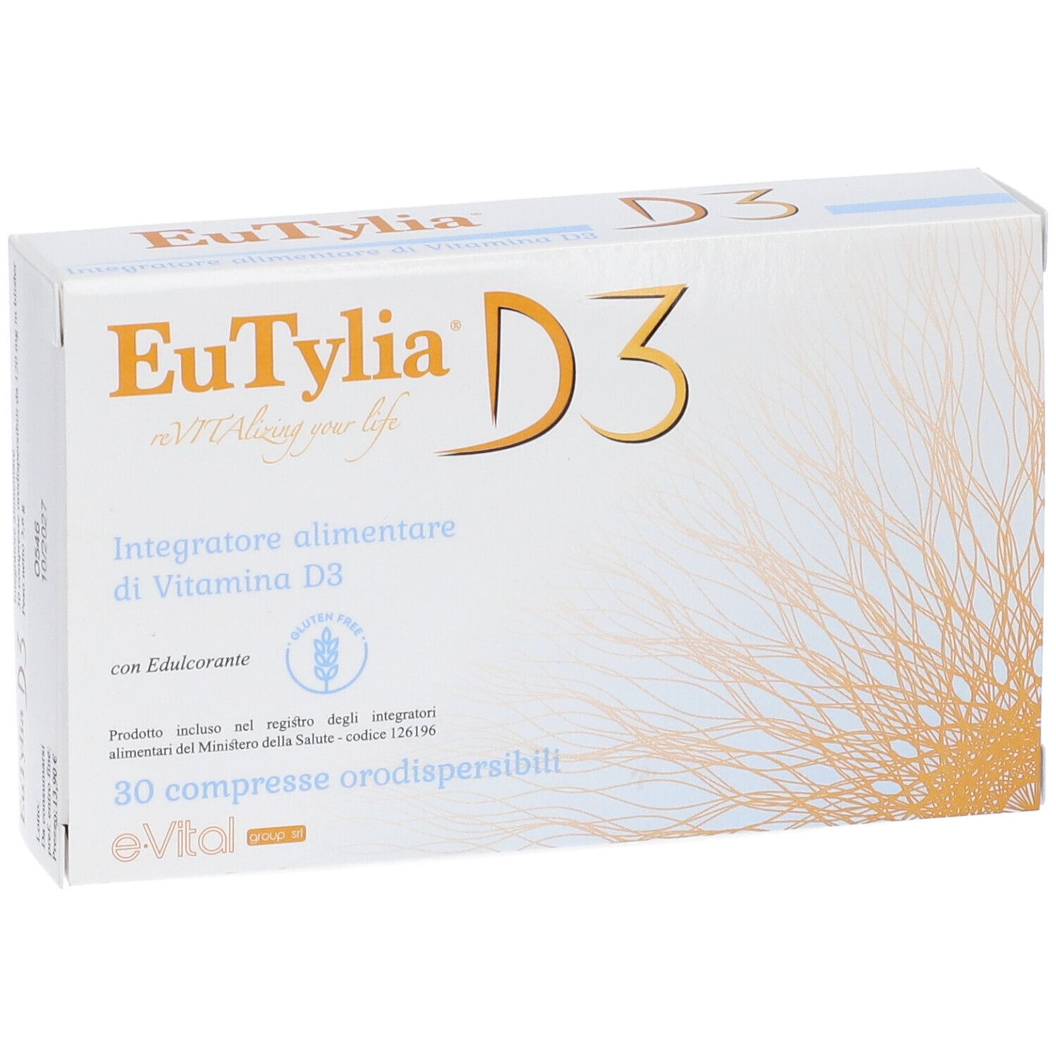 Fronte della scatola EuTylia D3. Scritto: Integratore alimentare di Vitamina D3. 30 compresse. Logo eVital.
