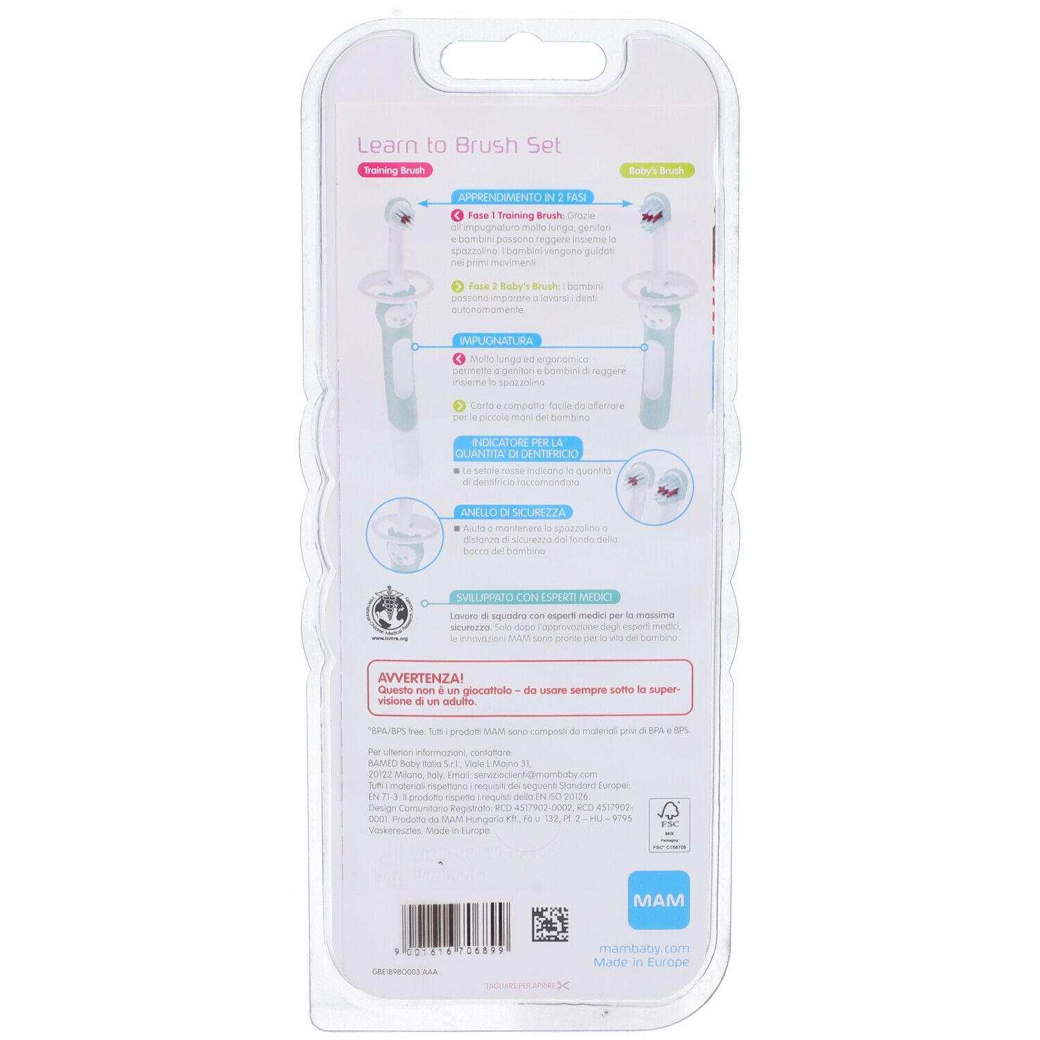 Retro della confezione blister con due spazzolini per bambini. Testo multilingue. Logo MAM.