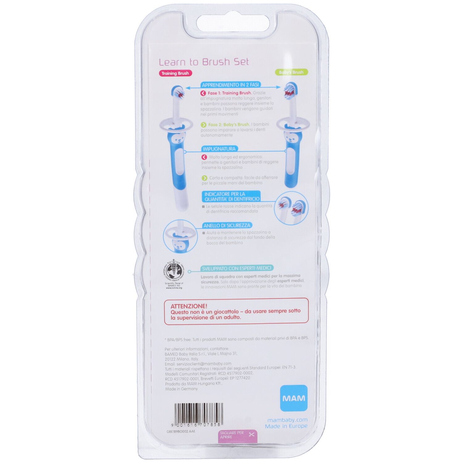 Retro della confezione blister con informazioni e illustrazioni del prodotto. Testo multilingue. Marchio MAM visibile.