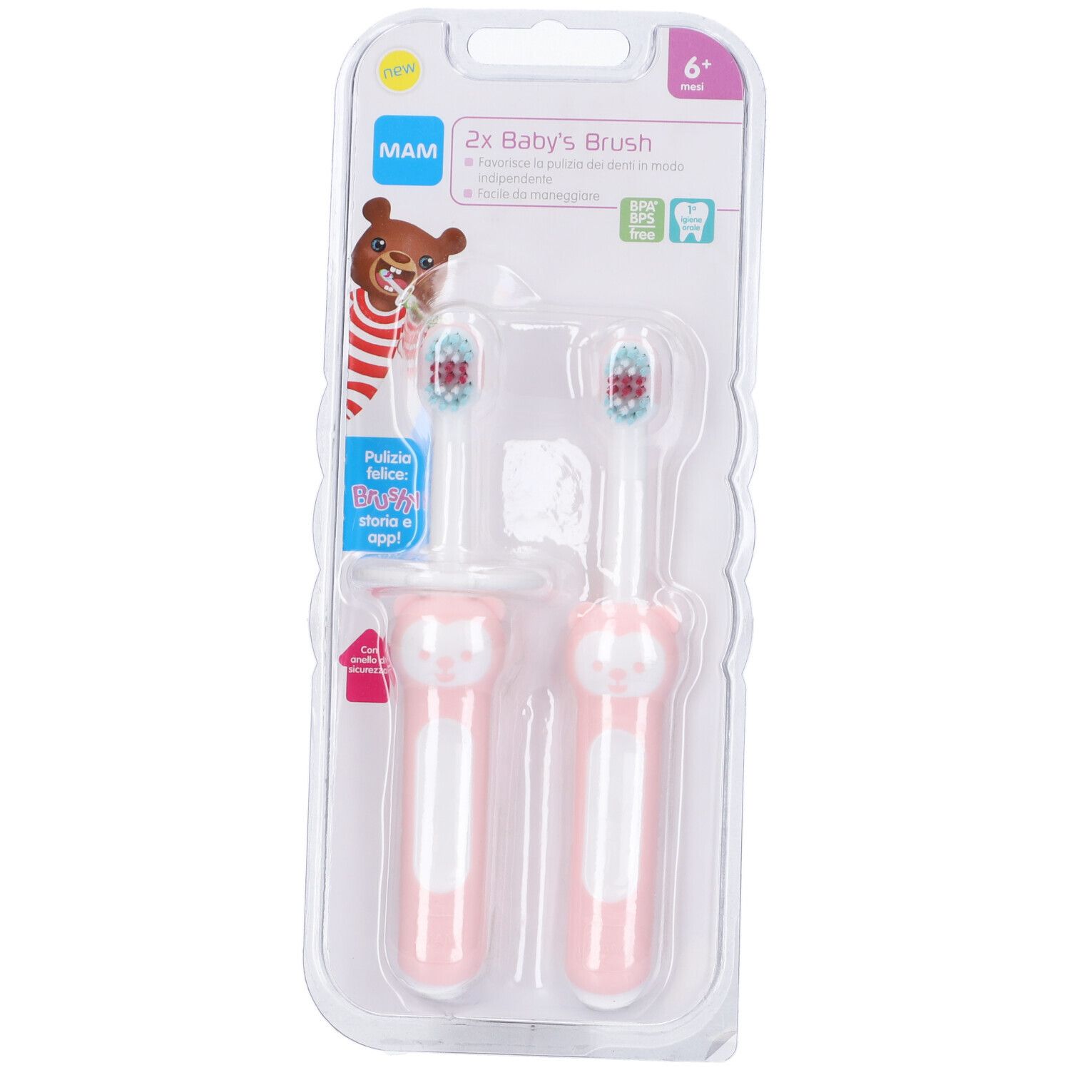 Due spazzolini per bambini in confezione trasparente. Gli spazzolini sono rosa con manici bianchi e setole blu e rosse. Logo MAM.