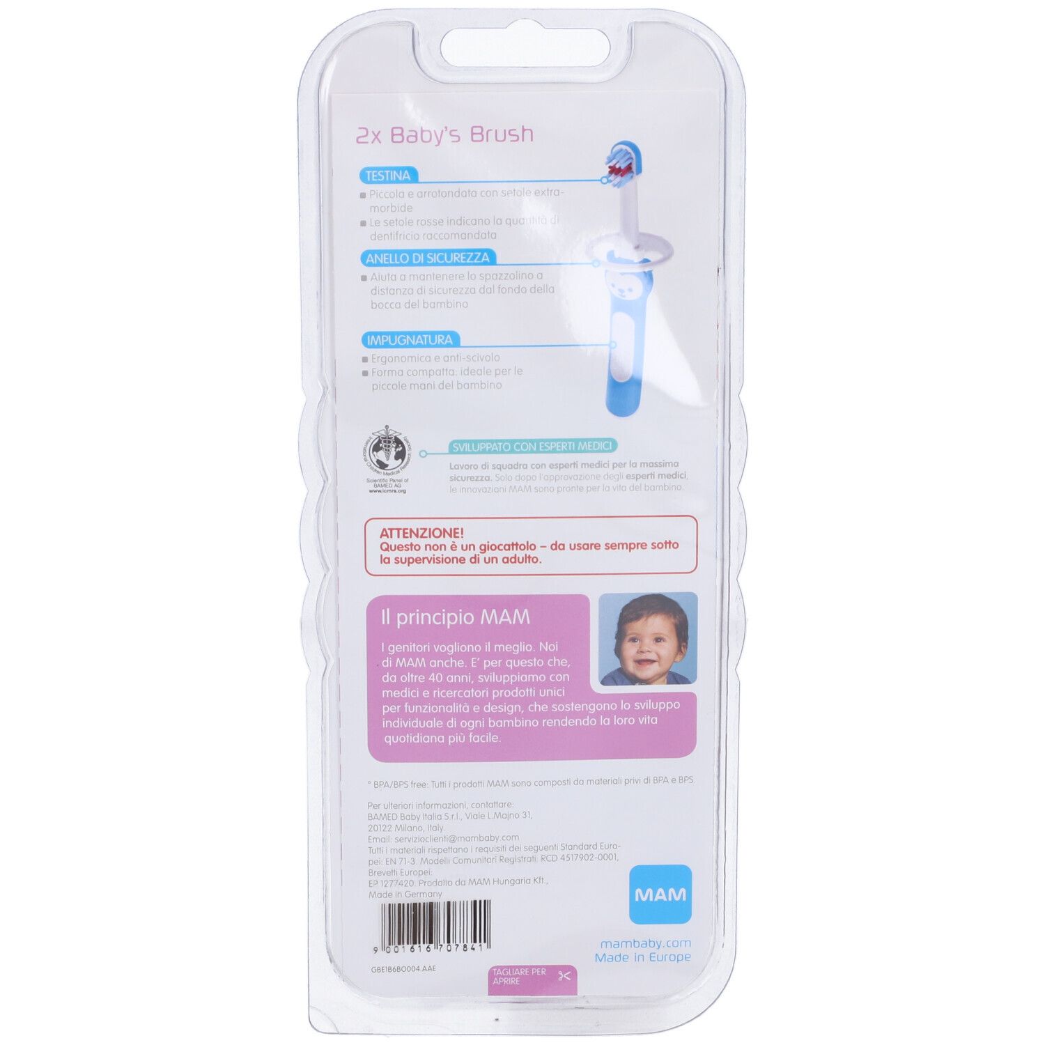 Retro della confezione con due spazzolini per bambini. Testo multilingue, logo MAM, illustrazioni e informazioni sul prodotto.