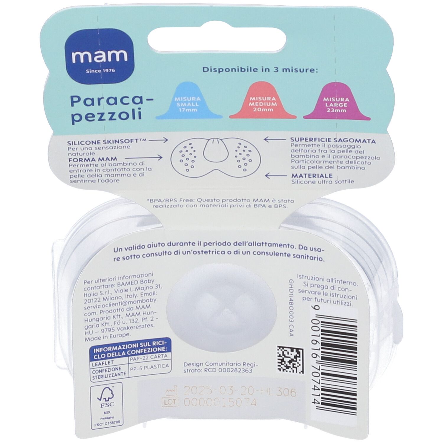 Retro della confezione con informazioni sul prodotto. Taglie: S, M, L. Logo MAM e nome del prodotto. Paracapezzoli trasparenti visibili.