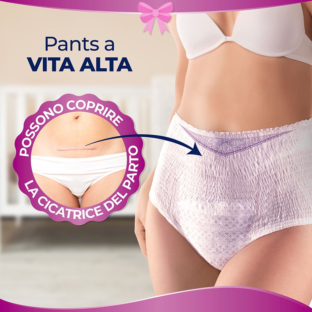 Donna in biancheria intima. Testo: 'Pants a VITA ALTA'. Cerchio con testo: 'POSSONO COPRIRE LA CICATRICE DEL PARTO'.