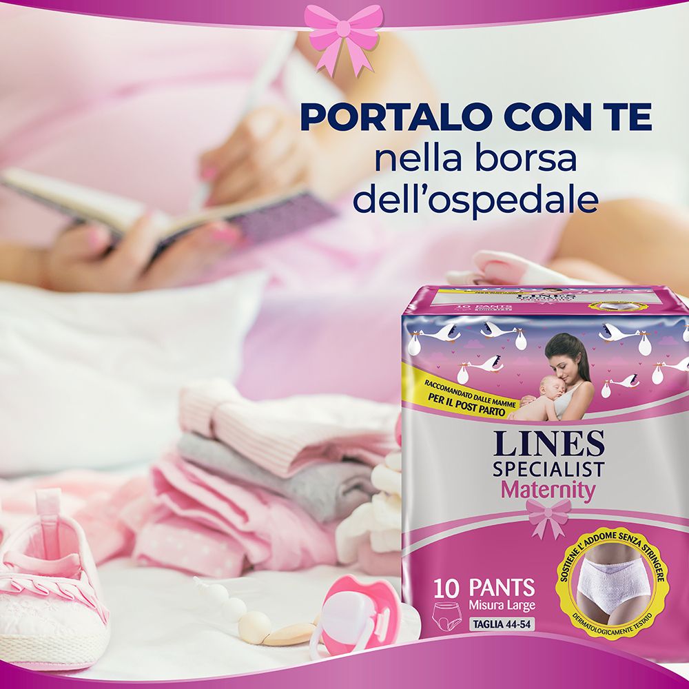 Confezione LINES SPECIALIST Maternity Pants. Testo: 'PORTALO CON TE nella borsa dell'ospedale'.