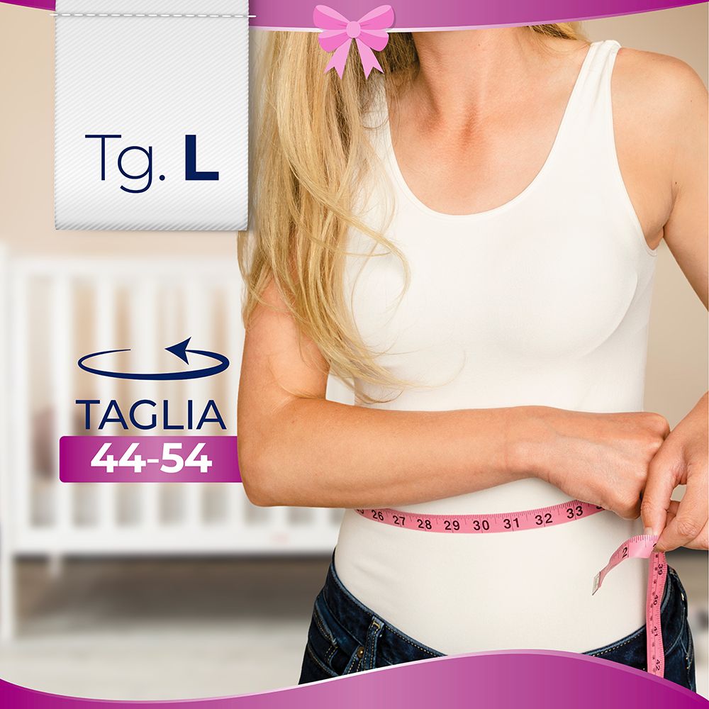 Donna misura la vita con un metro a nastro. Testo: 'TAGLIA 44-54'. Etichetta con 'Tg. L'.