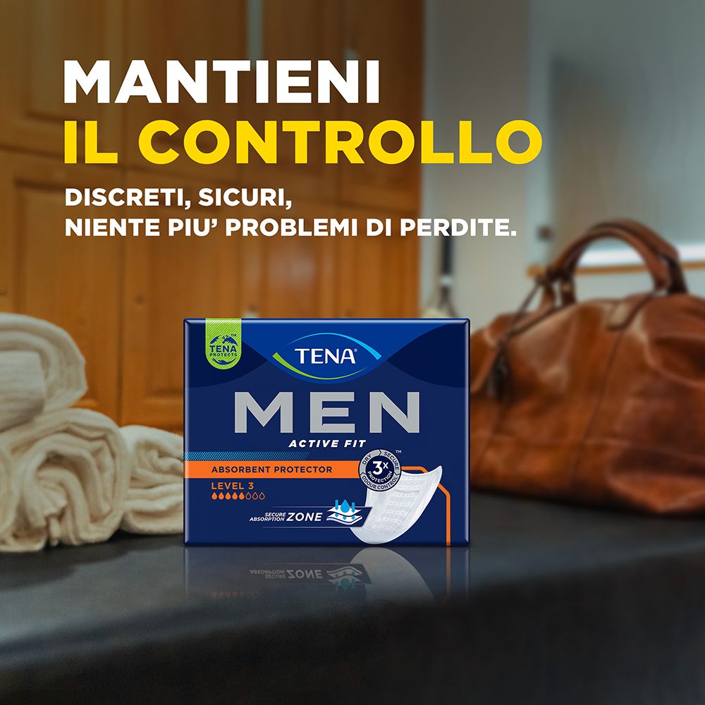 Confezione TENA MEN. Prodotto: Active Fit, Livello 3. Protezione assorbente. Testo: MANTIENI IL CONTROLLO. Asciugamani sullo sfondo.
