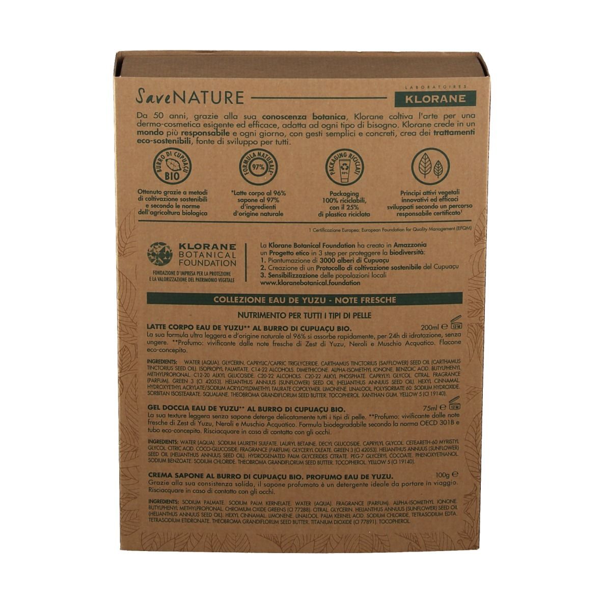 Retro della confezione con testo e loghi. Informazioni sugli ingredienti e certificazioni.