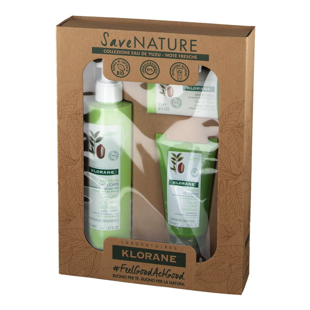 Set regalo con lozione, gel doccia e sapone. Flaconi e tubo verdi in confezione marrone.