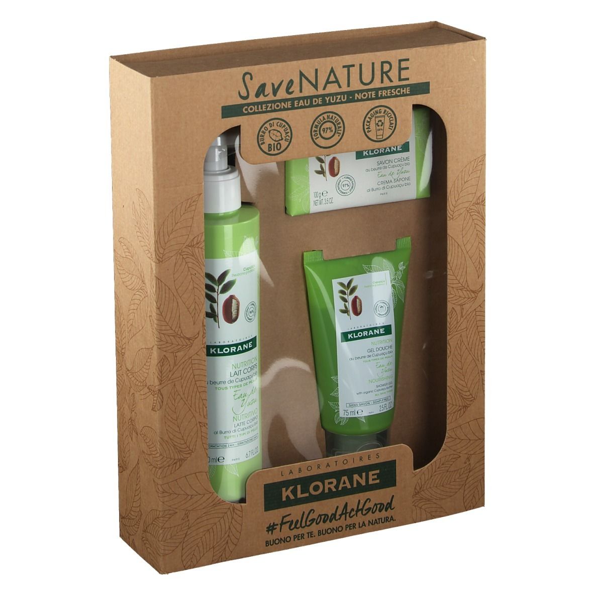 Set regalo con lozione, gel doccia e sapone. Flaconi e tubo verdi in confezione marrone.