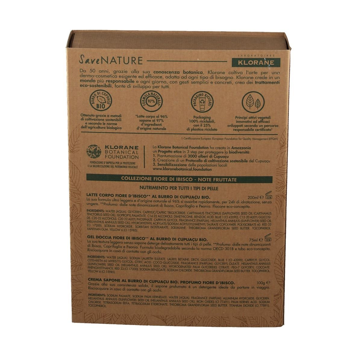 Retro della confezione regalo. Testo multilingue. Informazioni su ingredienti, certificazioni e marchio Klorane.