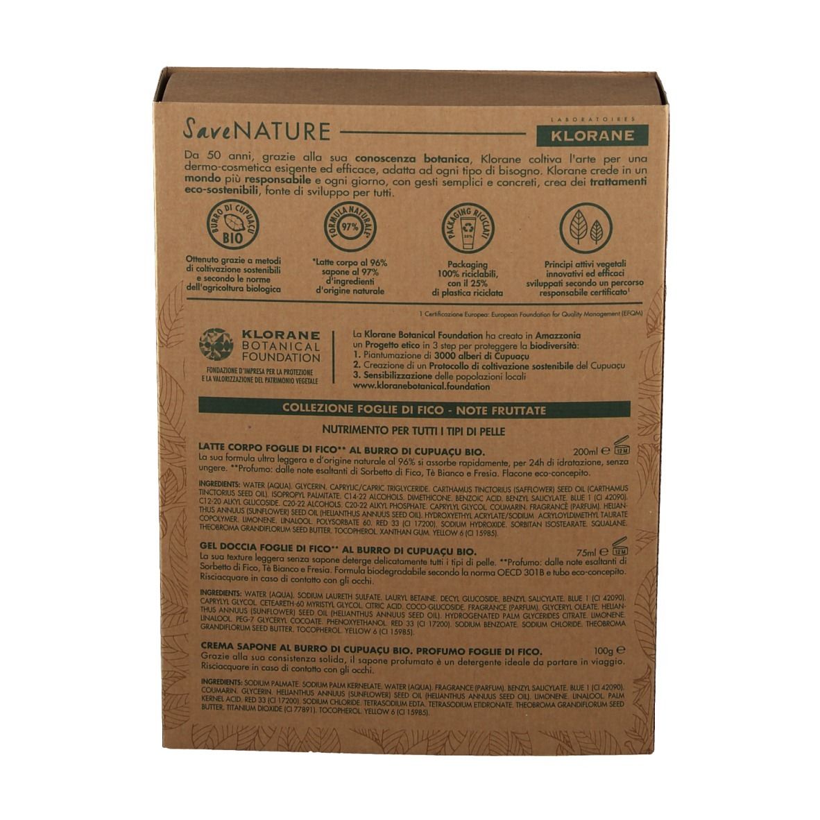 Retro della confezione regalo. Testo in tedesco, italiano, francese. Informazioni su ingredienti e marchio.