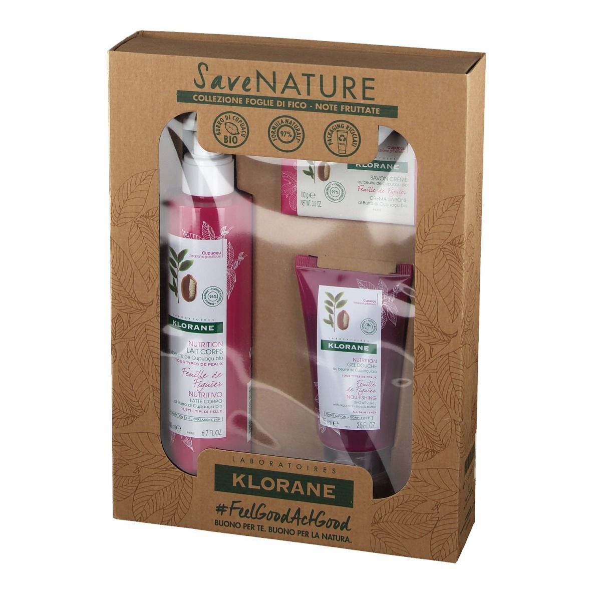Set regalo Klorane con lozione, sapone e crema mani. Confezione in cartone marrone con finestra.