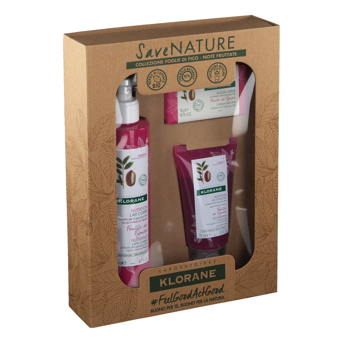Set regalo Klorane con spray, sapone e crema mani. Confezione in cartone marrone con finestra.