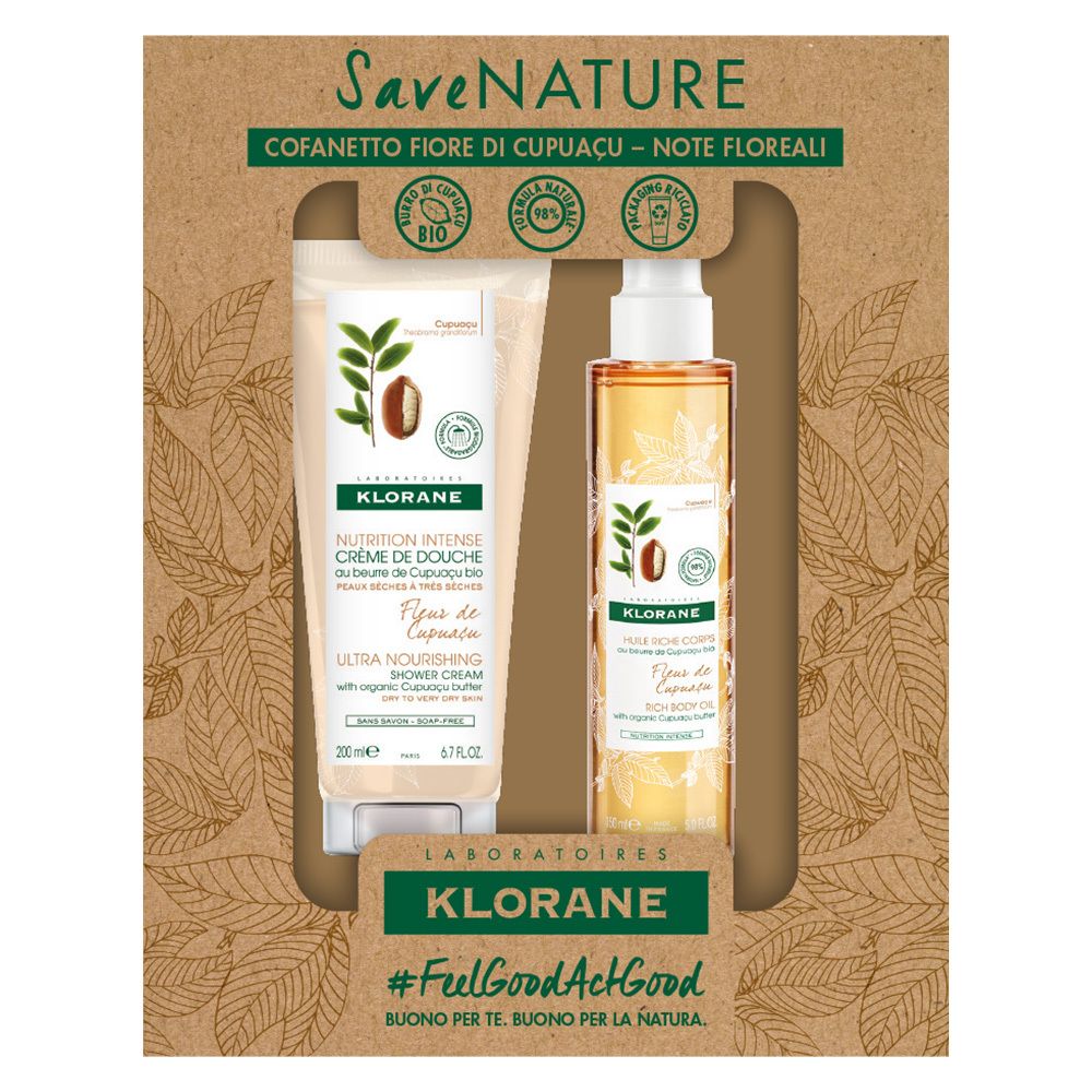 Cofanetto regalo con crema doccia e olio corpo. Entrambi i prodotti sono in una confezione marrone con un design floreale.