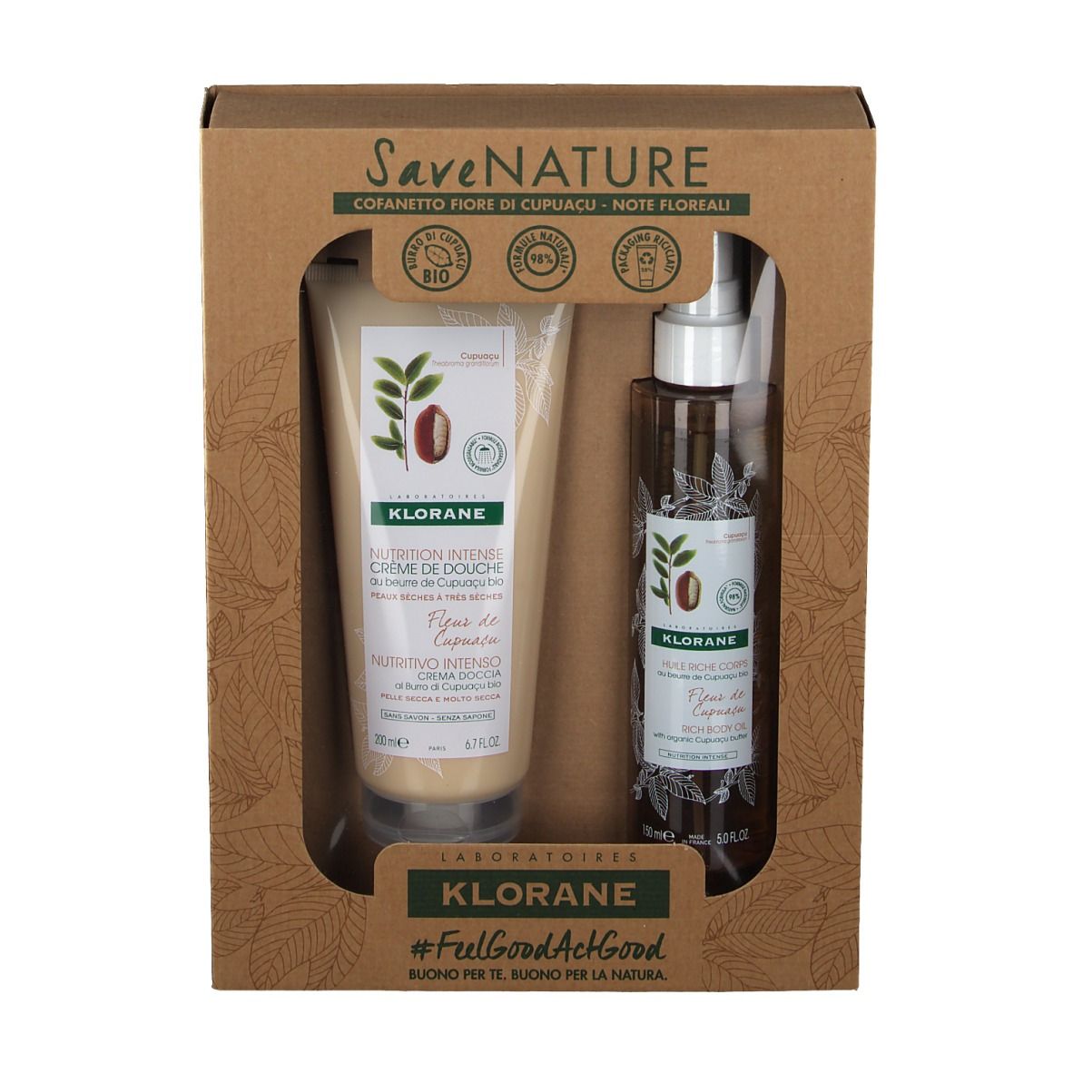 Cofanetto regalo con crema doccia e olio corpo. Entrambi i prodotti sono in una confezione marrone con un design floreale.