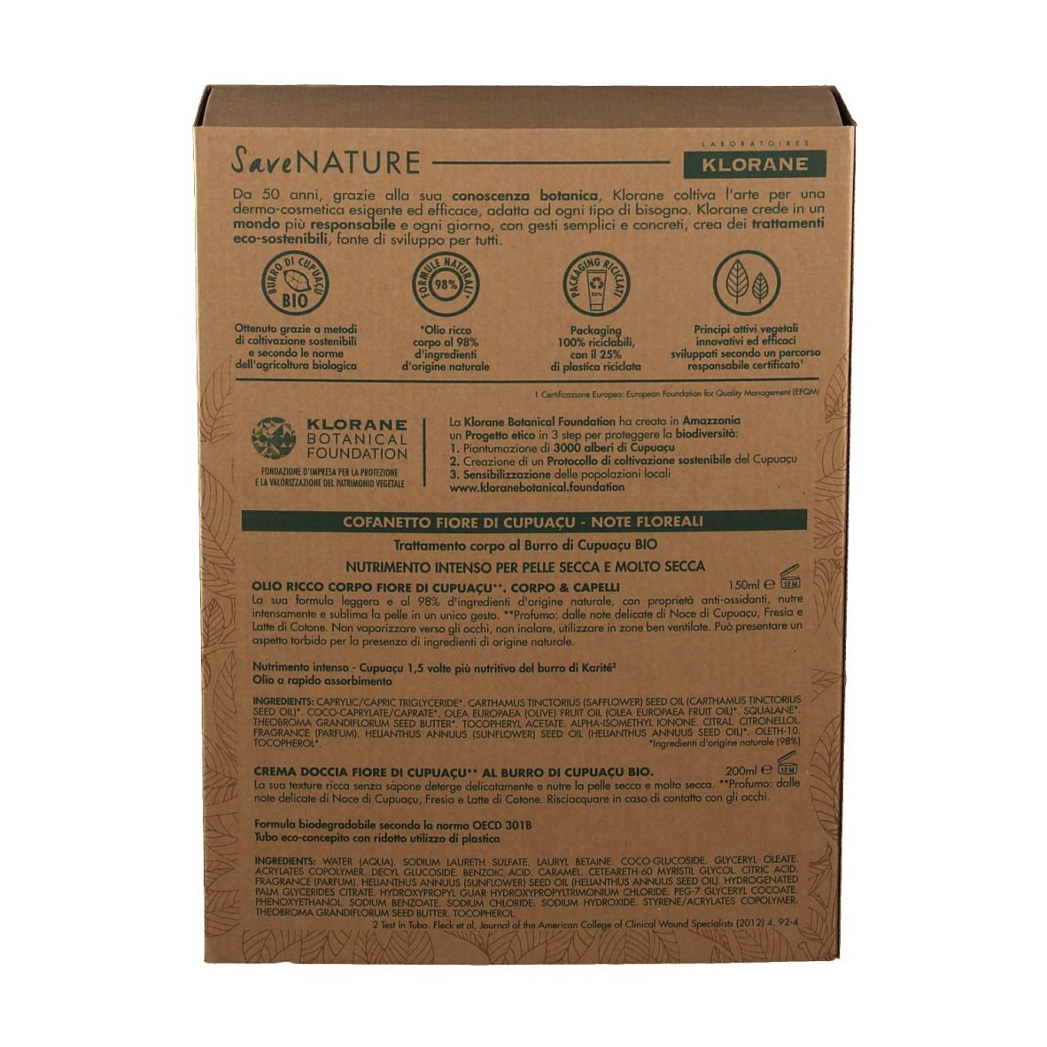 Retro della confezione con testo e loghi. Contiene informazioni su ingredienti, certificazioni e prodotto.