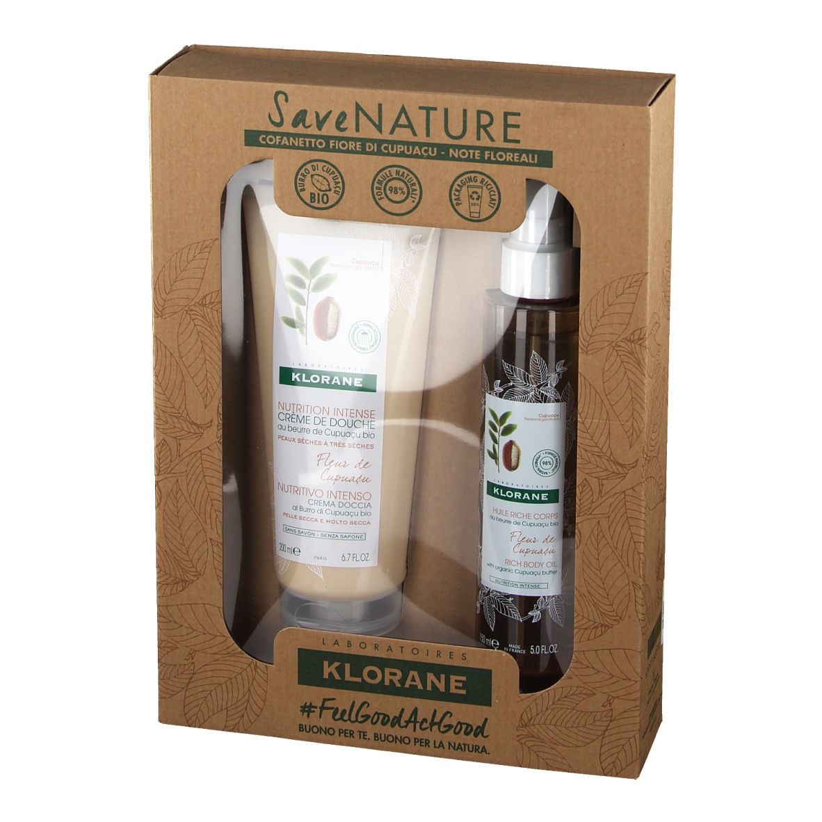 Cofanetto regalo con crema doccia e olio corpo. Entrambi i prodotti sono in una confezione marrone con un design floreale.
