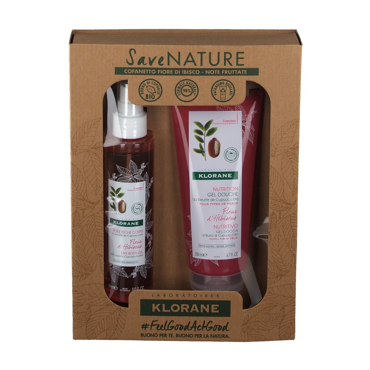 Confezione regalo con gel doccia e spray corpo. Tubi e flaconi rossi con logo. Imballaggio in cartone.